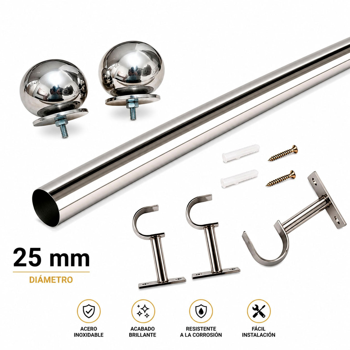 Pack Barra para Cortina de Acero Inoxidable 3.00 mts - con Terminal Saturno de 25 mm 1 Pulgada