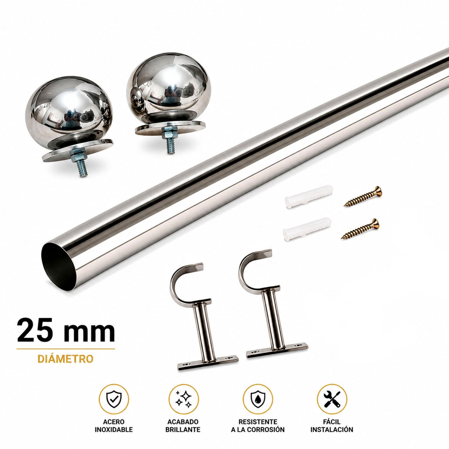 Pack Barra para Cortina de Acero Inoxidable 2.00 mts - con Terminal Saturno de 25 mm 1 Pulgada