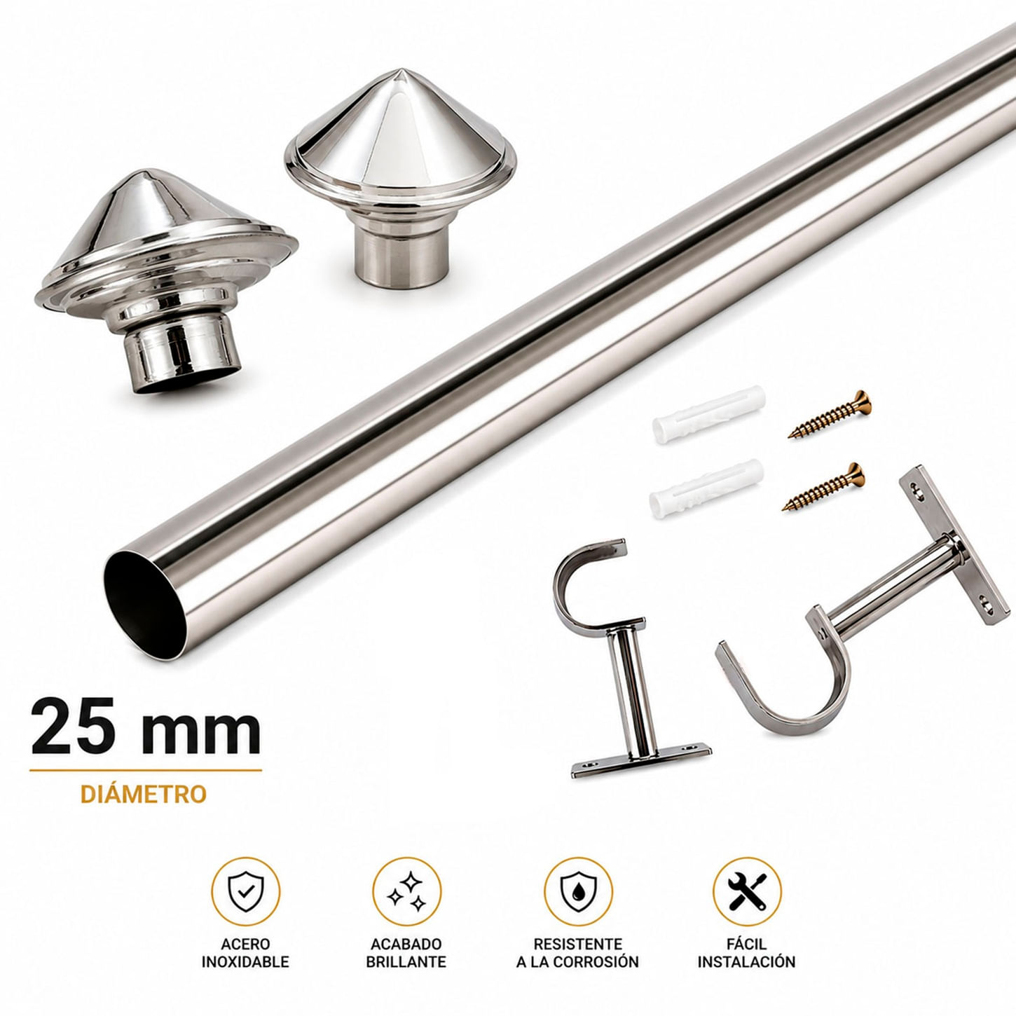 Pack Barra para Cortina de Acero Inoxidable 2.00 mts - con Terminal Lanza de 25 mm 1 Pulgada