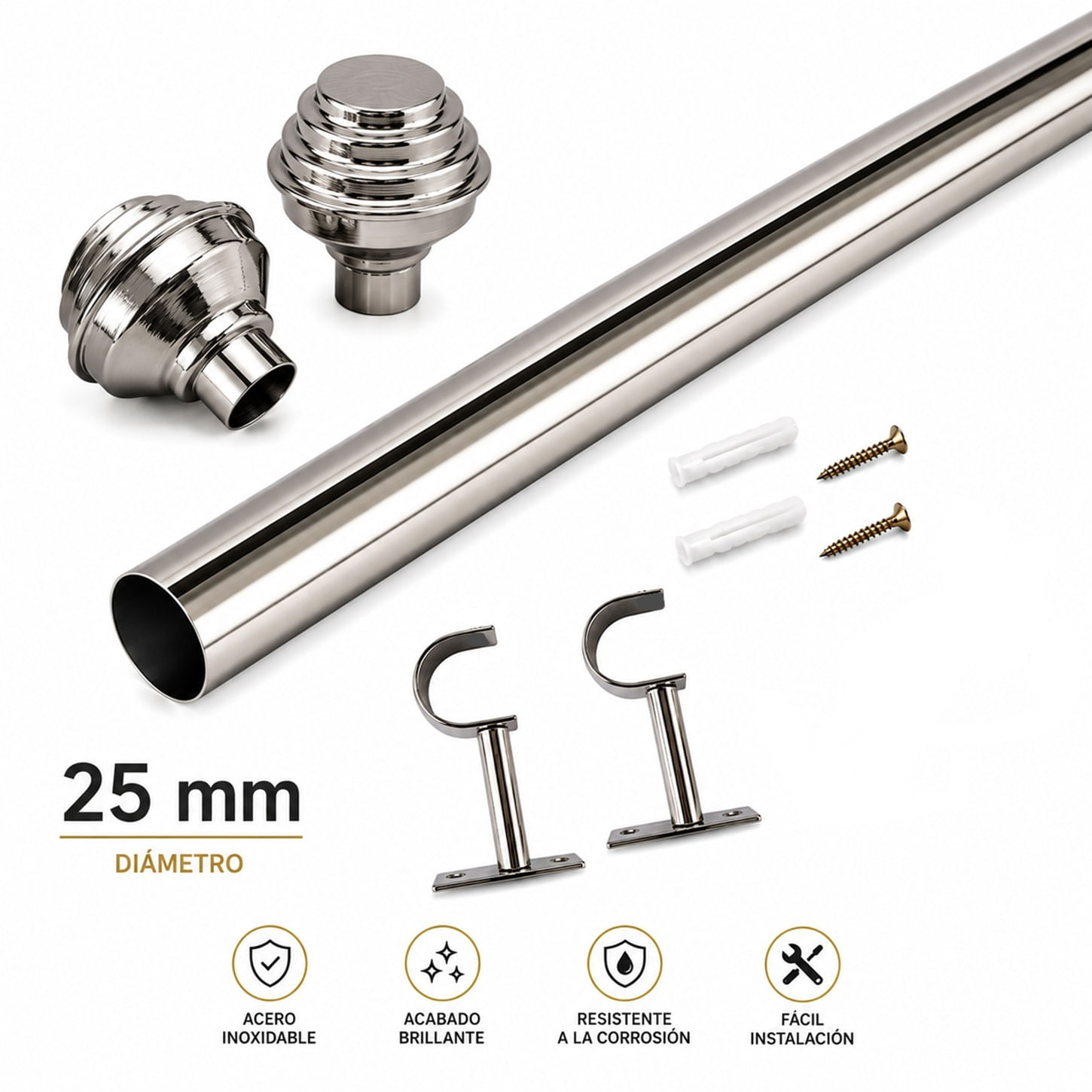Pack Barra para Cortina de Acero Inoxidable 1.50 mts - con Terminal Fortaleza de 25 mm 1 Pulgada
