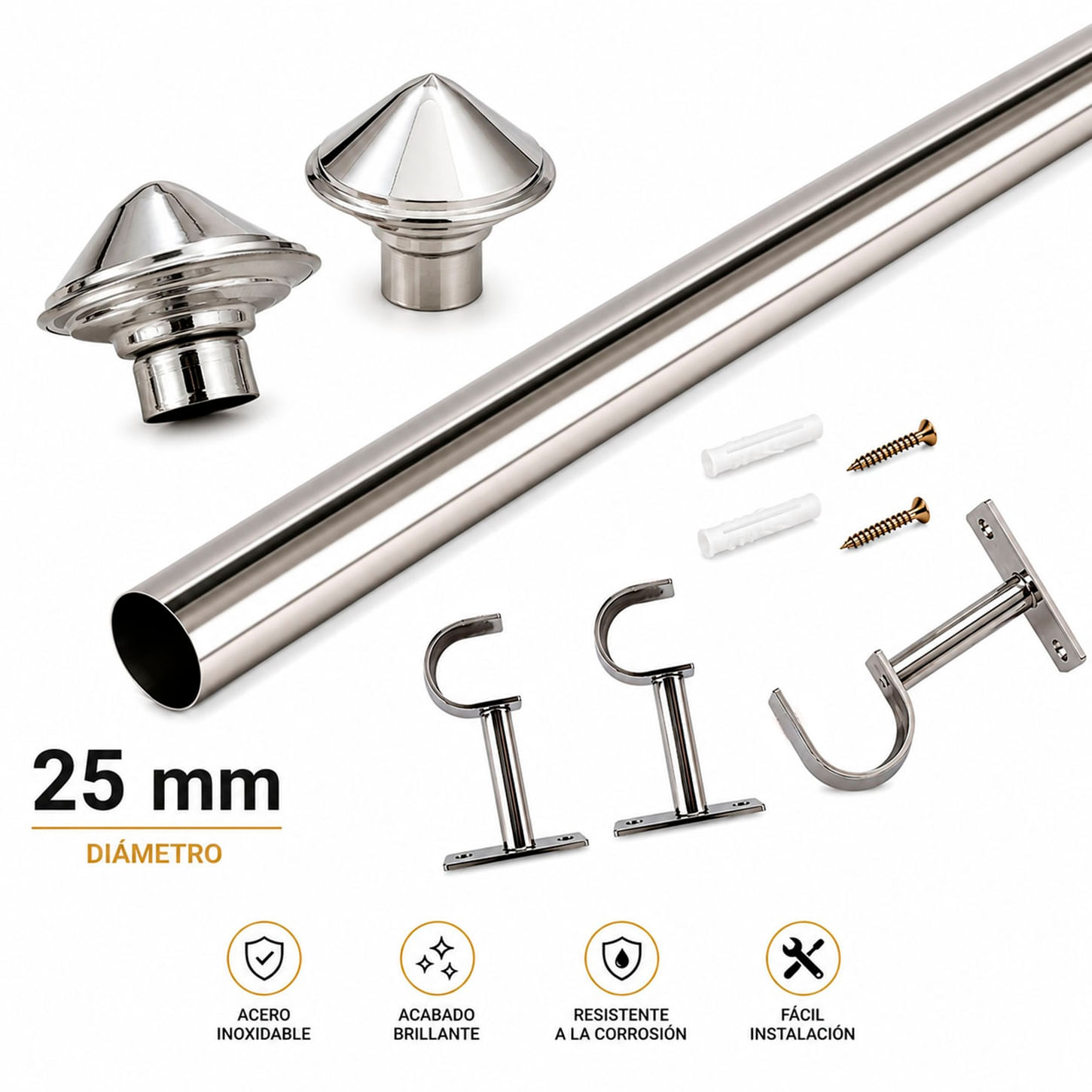 Pack Barra para Cortina de Acero Inoxidable 3.00 mts - con Terminal Lanza de 25 mm 1 Pulgada