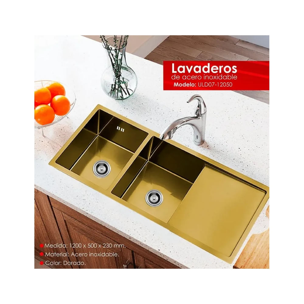 LAVADERO DE COCINA 2 POZAS CON ESCURRIDERO DORADO ULD07-12050 Dorado