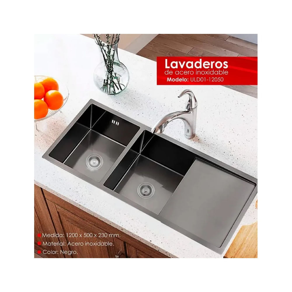 LAVADERO DE COCINA 2 POZAS CON ESCURRIDERO NEGRO ULD01-12050 Negro