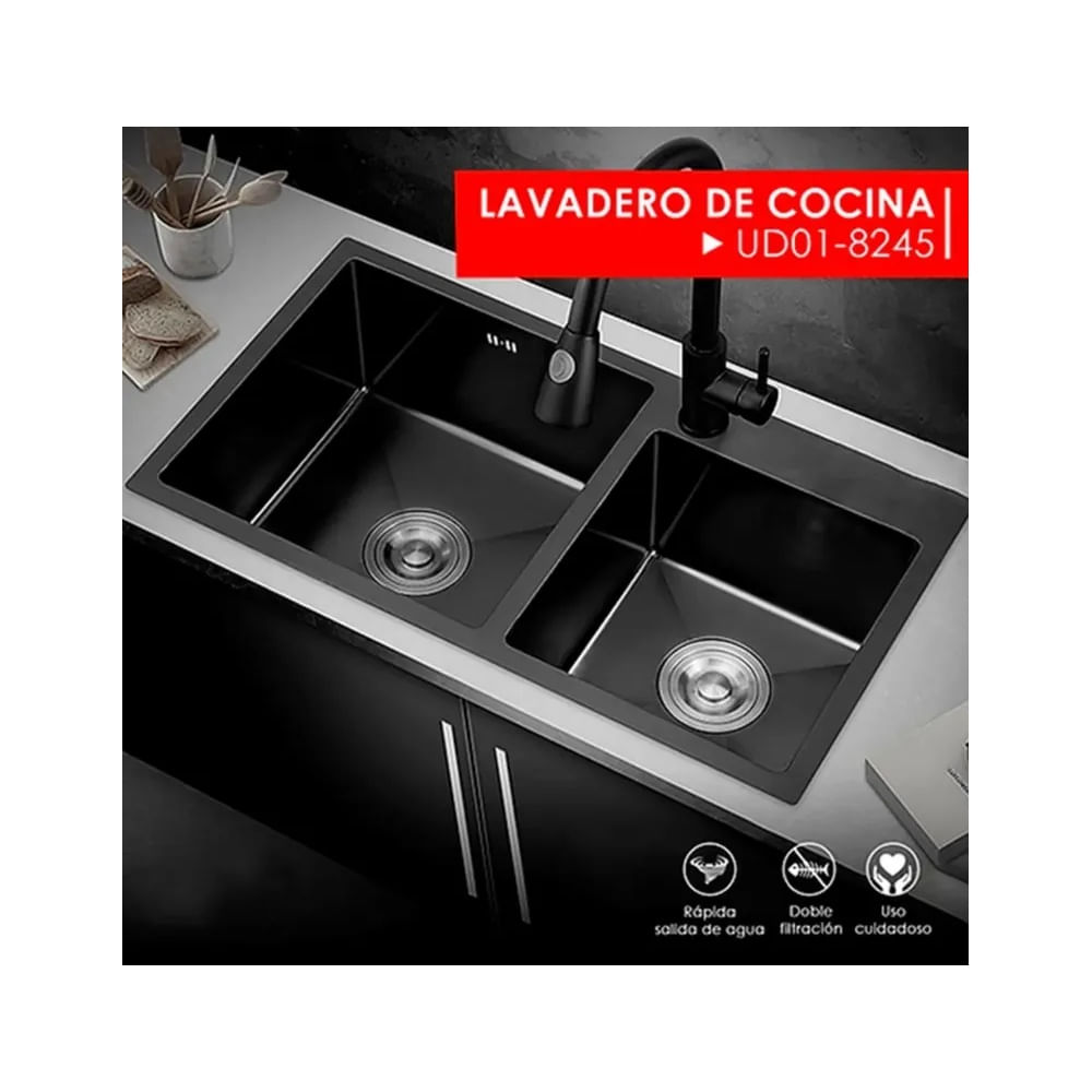 LAVADERO DE COCINA 2 POZAS NEGRO UD01-8245 Negro