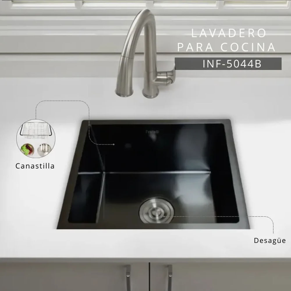 Lavadero Compacto Cuadrado Negro Acero Inoxidable Premium Negro