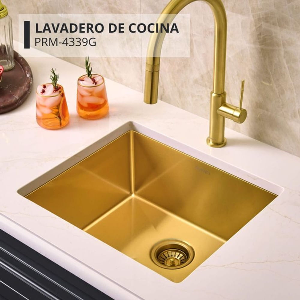 Lavadero Cuadrado Dorado Premium Acero Inoxidable con Canastilla Dorado