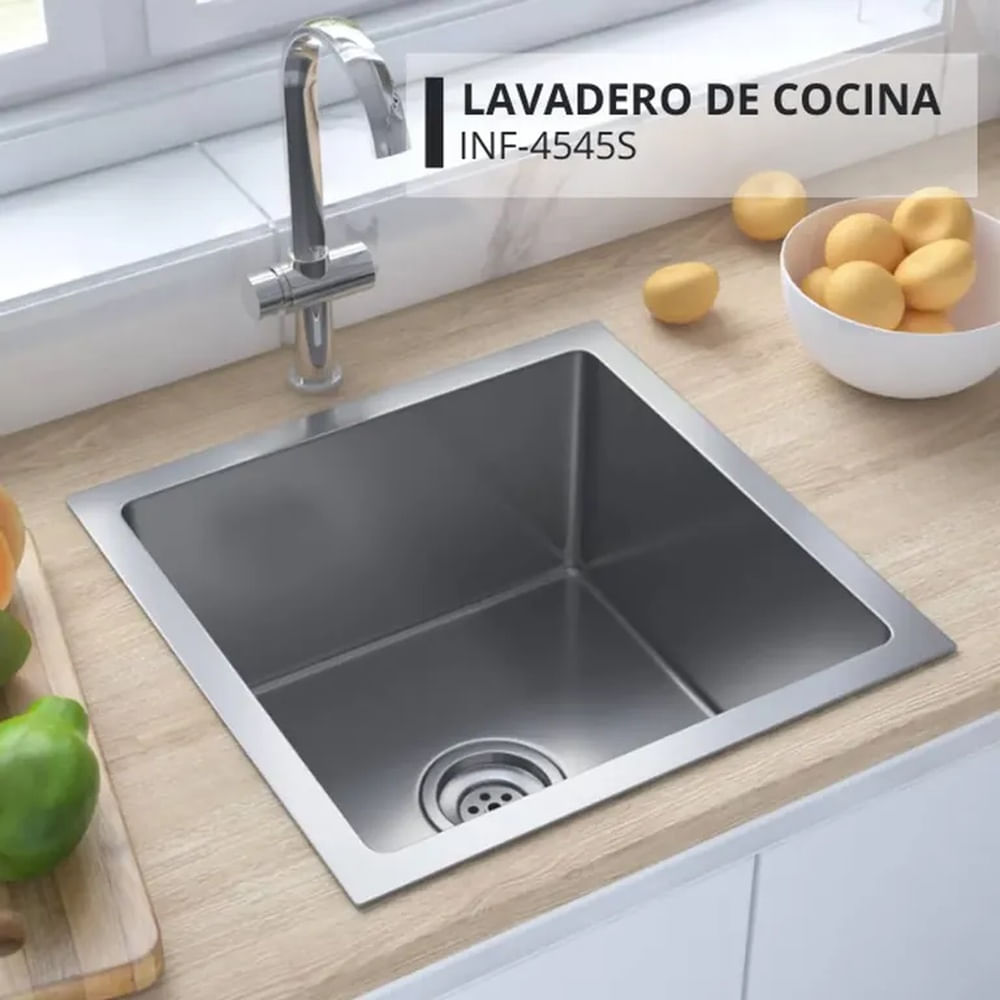 Lavadero Cuadrado Satinado Acero Inoxidable con Canastilla Premium Acero