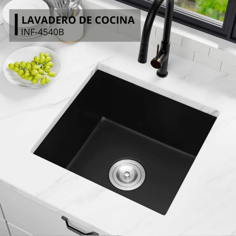 Lavadero Compacto Premium Negro Acero Inoxidable con Canastilla y Dispensador Negro