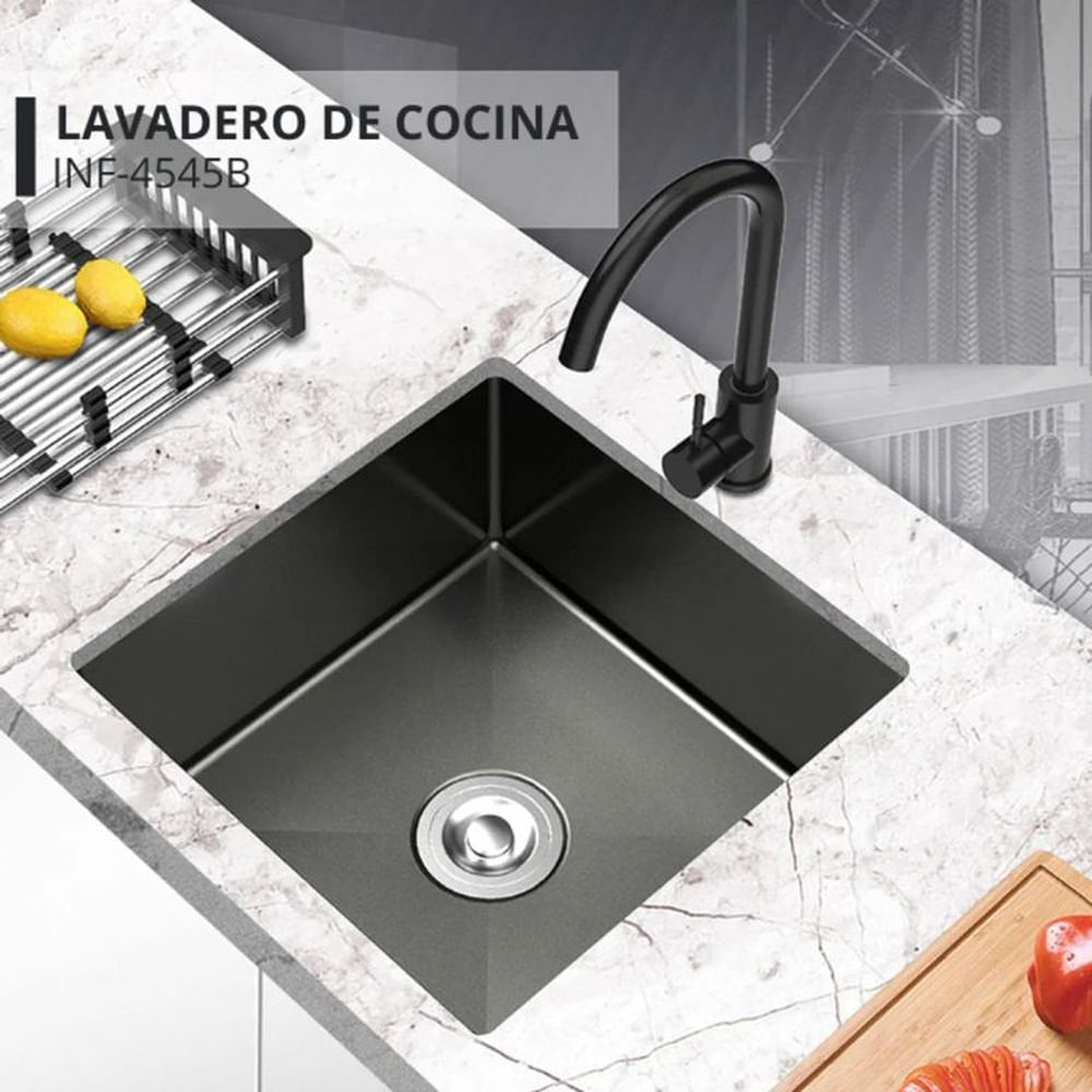 Lavadero Compacto Negro Acero Inoxidable de Alta Resistencia con Canastilla Negro