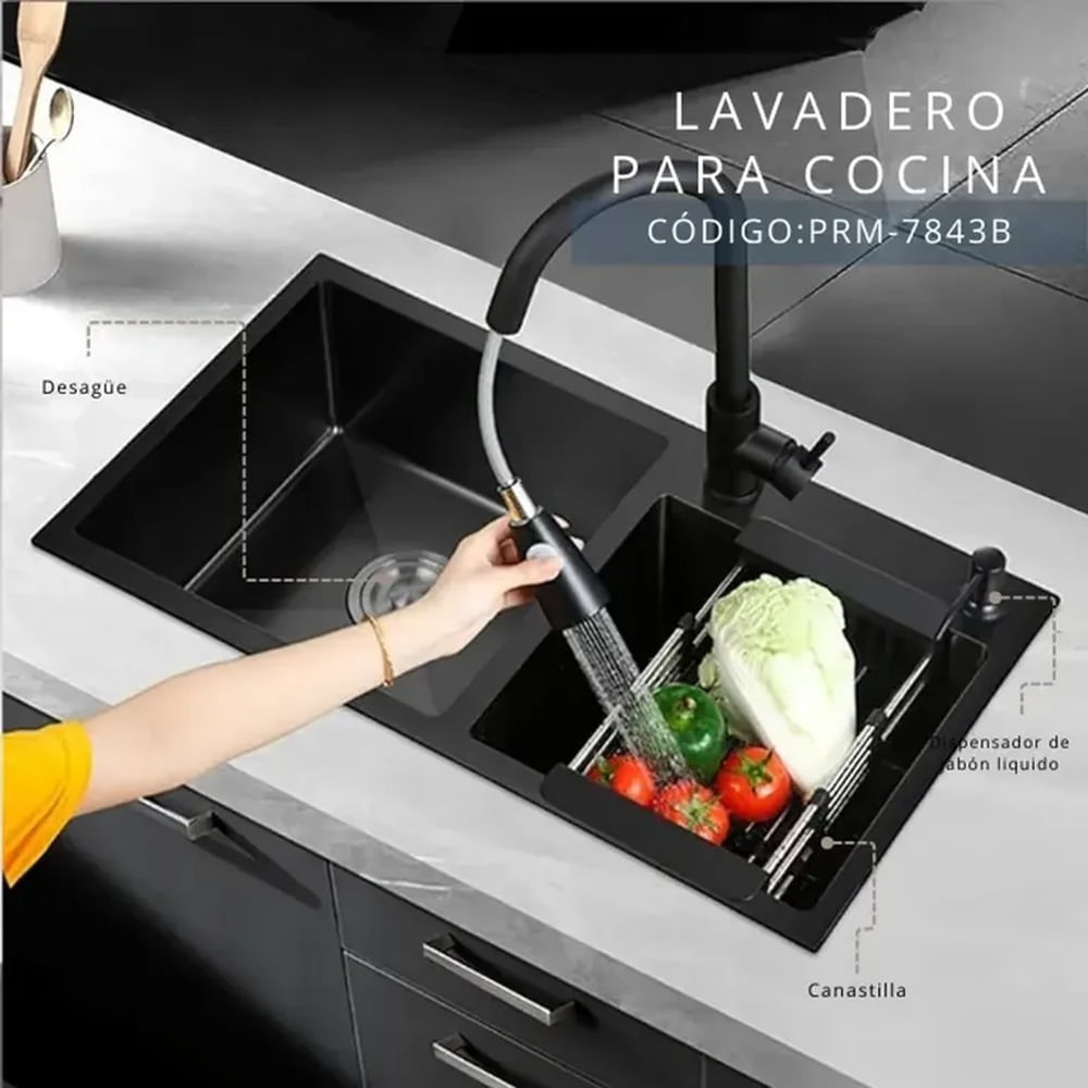 Lavadero Doble Poza Premium Negro Acero Cepillado con Desagüe Integrado Negro