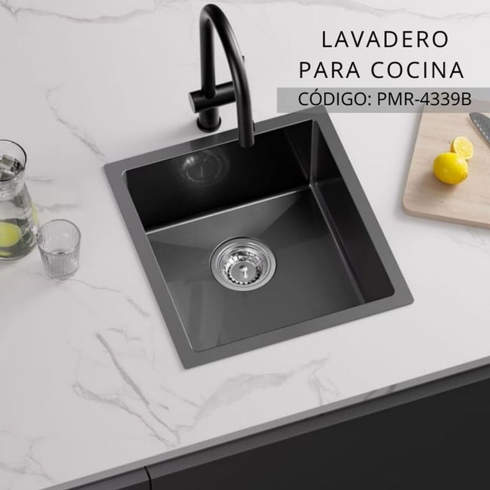 Lavadero Premium Negro Compacto Acero Inoxidable con Canastilla Negro