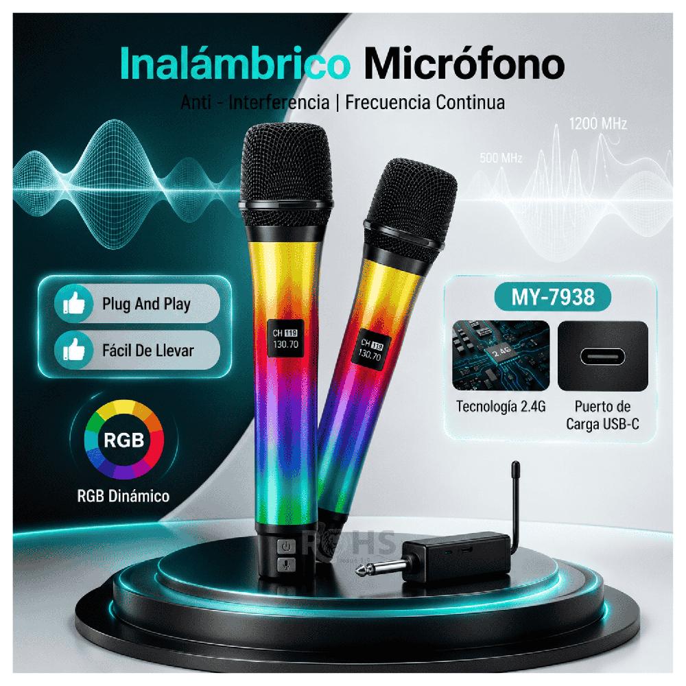 Micrófono Inalámbrico Baihuo MY-7938 RGB Set De 2 Recargables Con Receptor 2.4G Para Karaoke