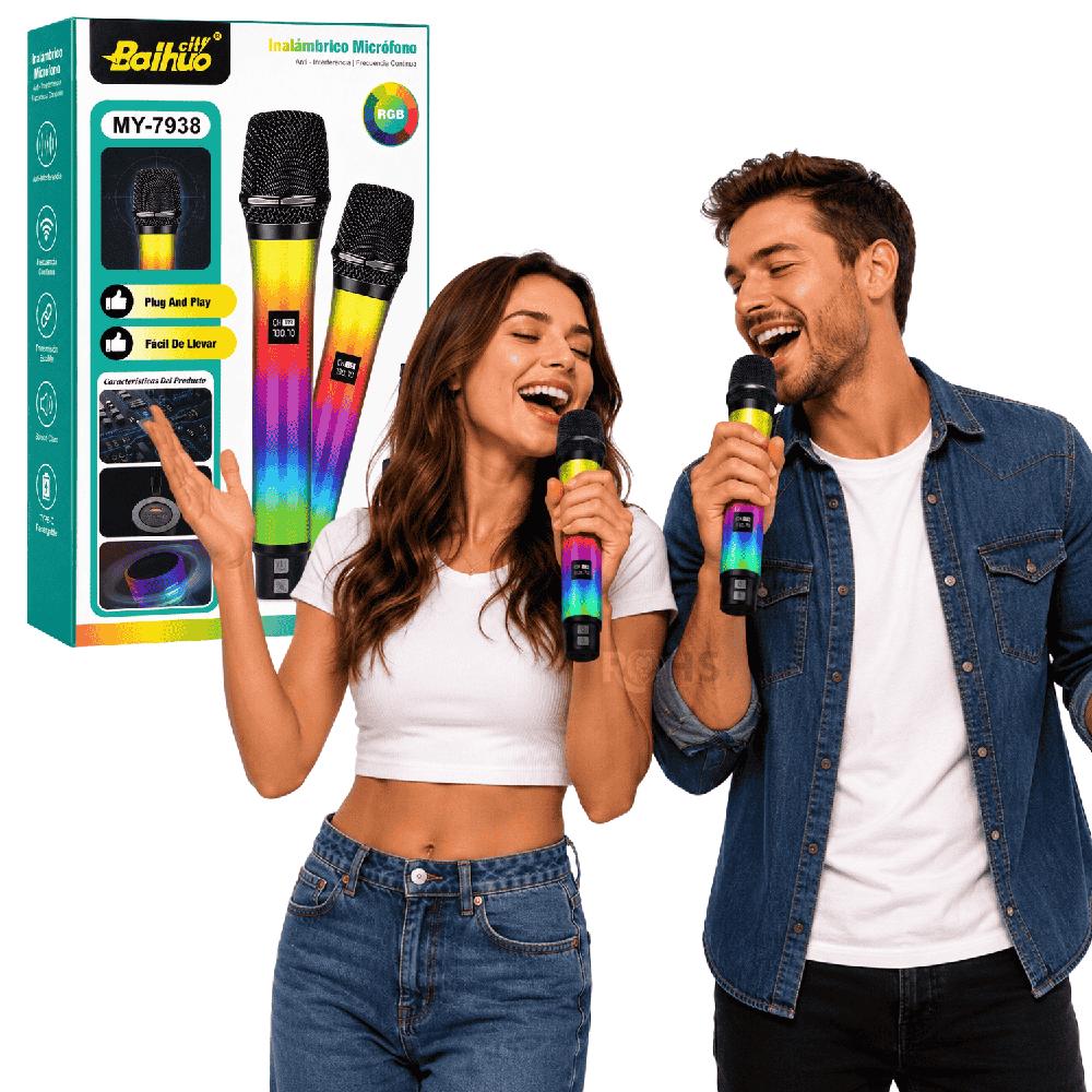 Set De 2 Micrófonos Inalámbricos Baihuo MY-7938 RGB Con Receptor 2.4G Para Eventos Y Karaoke