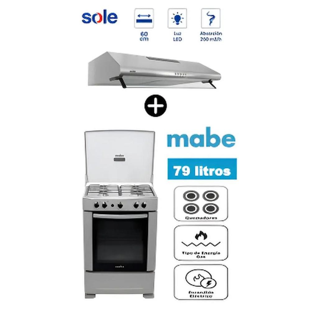 Cocina Mabe CMP6012AG0 a Gas de Pie 60 cm 4 Quemadores Silver y Campana Sole