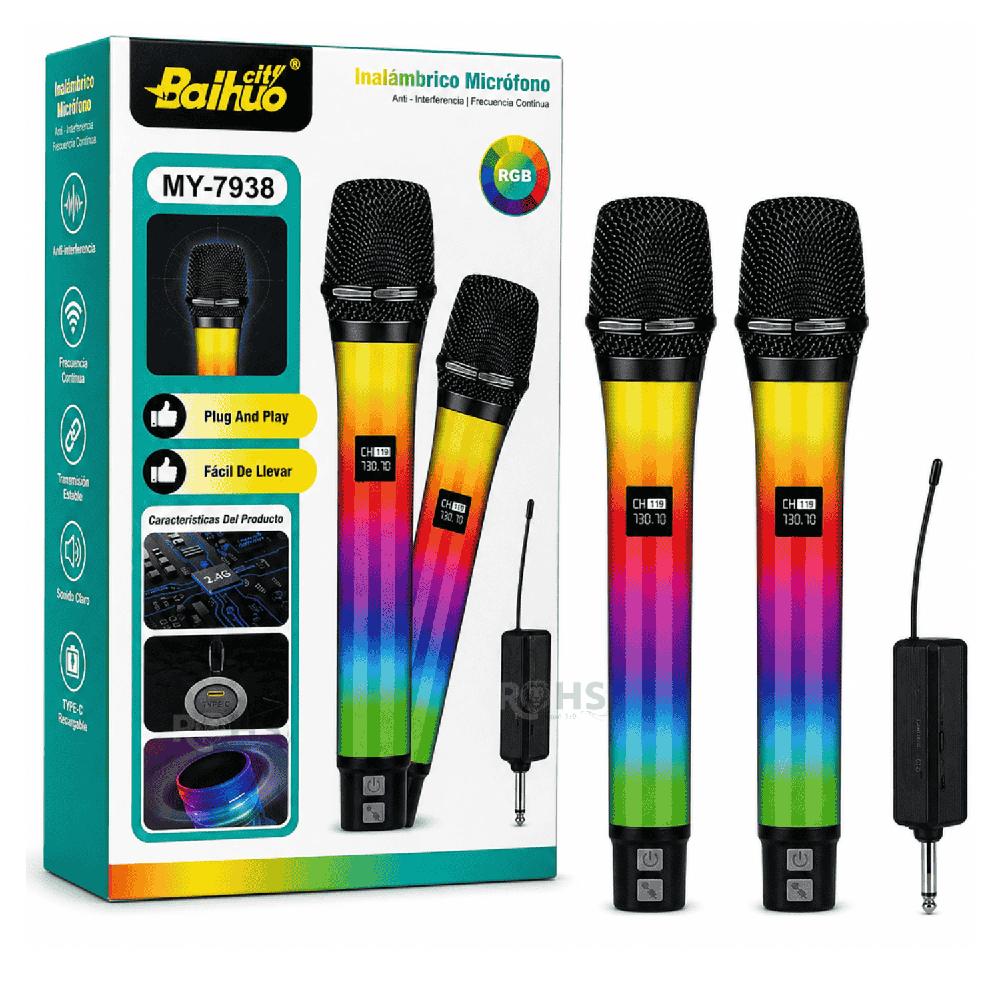 Set De 2 Micrófonos Inalámbricos Baihuo MY-7938 RGB Con Receptor 2.4G Para Eventos Y Karaoke