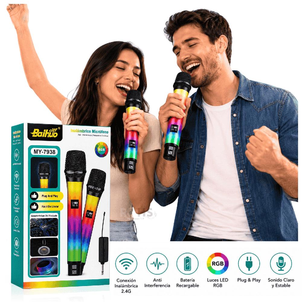 Micrófono Inalámbrico Baihuo MY-7938 RGB Set De 2 Recargables Con Receptor 2.4G Para Karaoke