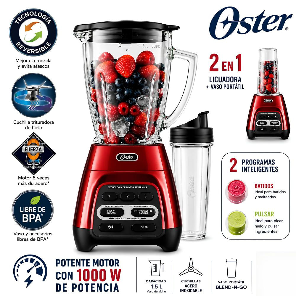 Licuadora Oster con Motor Reversible 1.5L Rojo - Blender BLSTPYG1310RBG-053