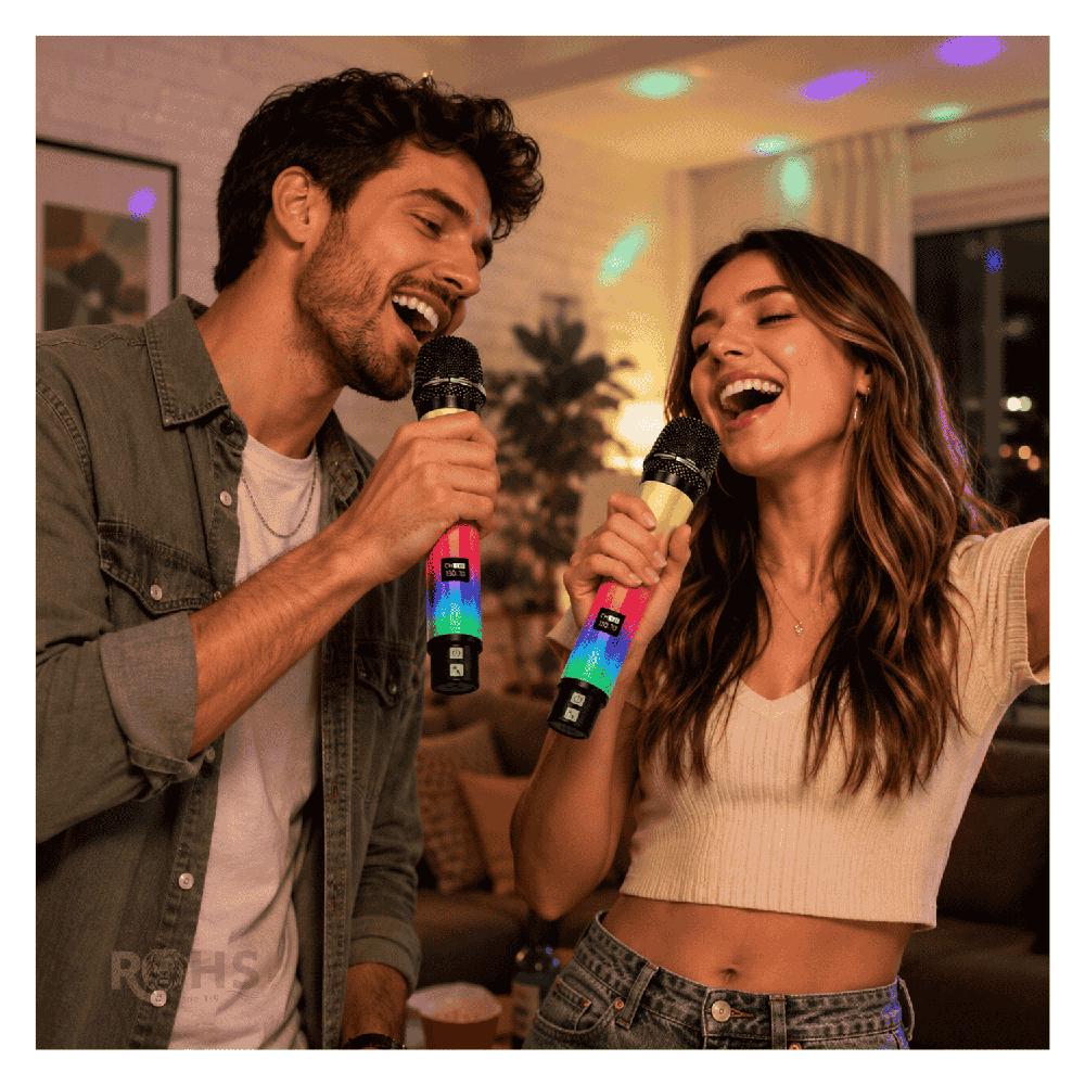 Set De 2 Micrófonos Inalámbricos Baihuo MY-7938 RGB Con Receptor 2.4G Para Eventos Y Karaoke