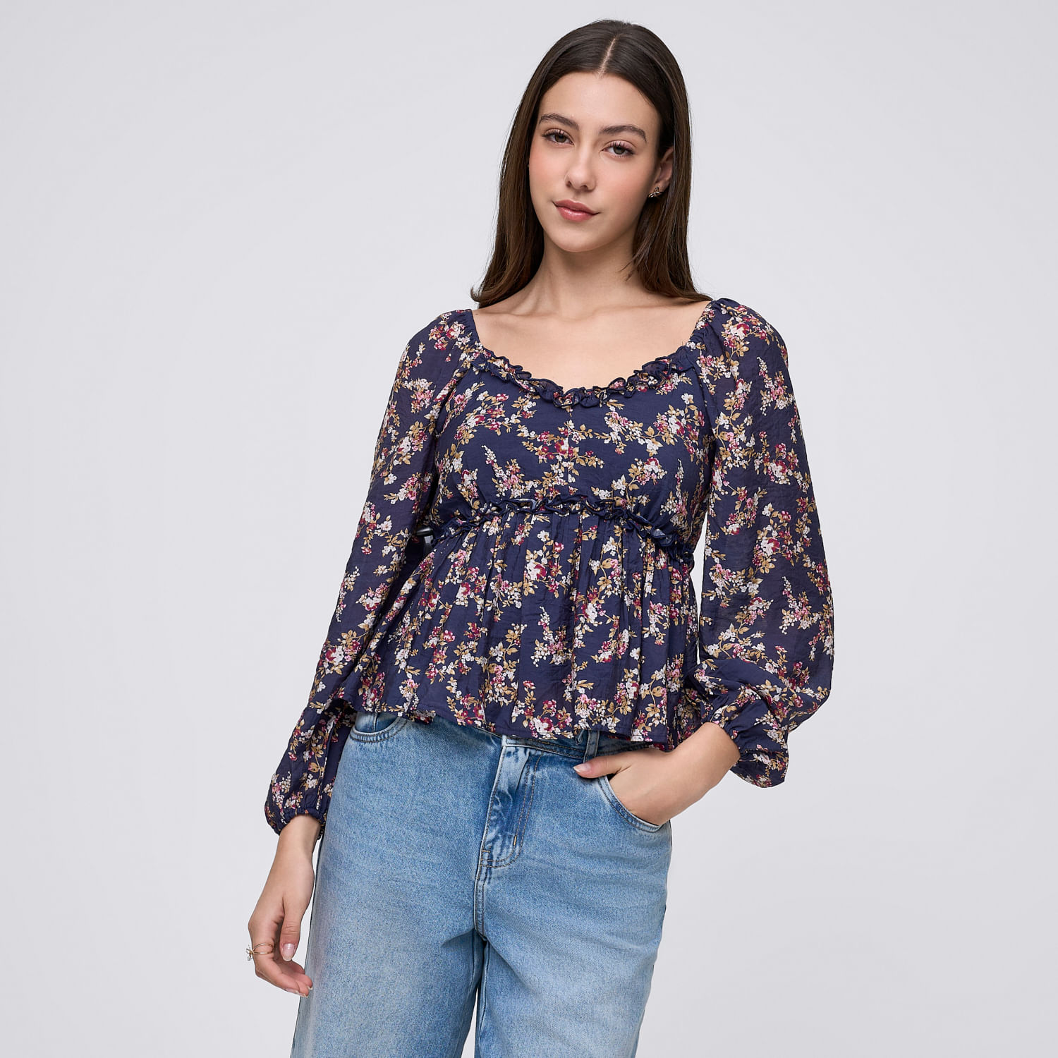 Blusa Mujer Flori Amc Manga Larga Azul Marino L