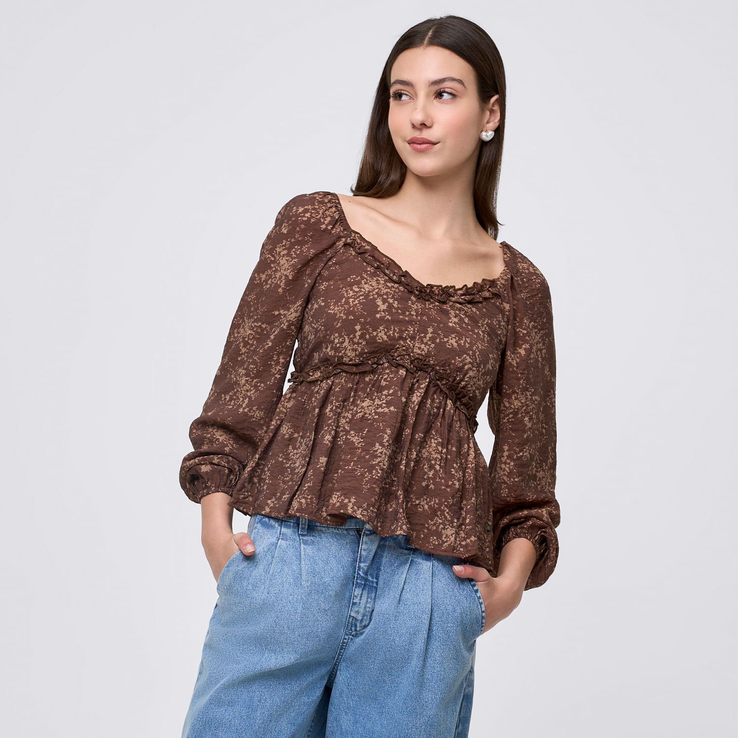 Blusa Mujer Flori Amc Manga Larga Café M