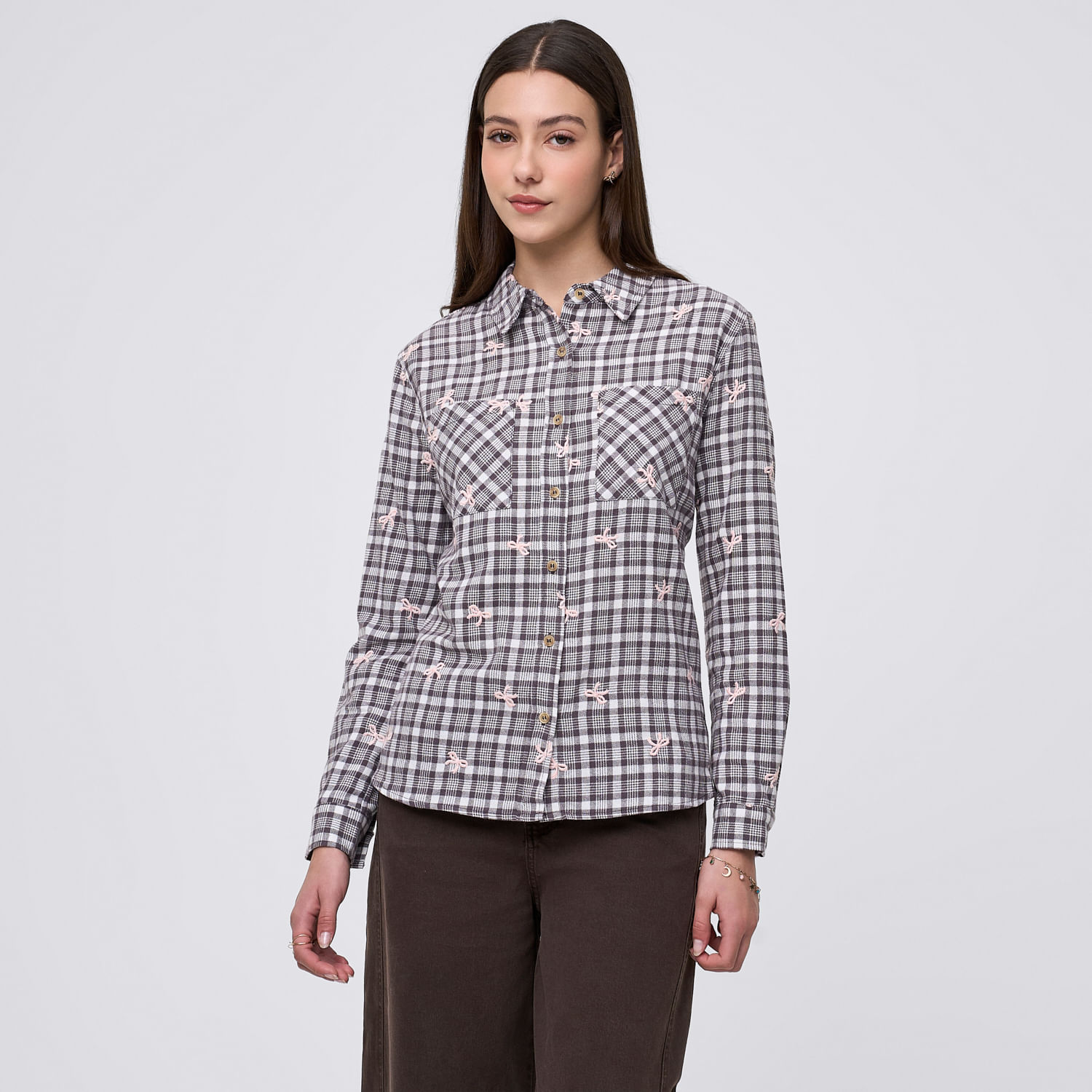 Blusa Mujer Check Amc Manga Larga Grafito M