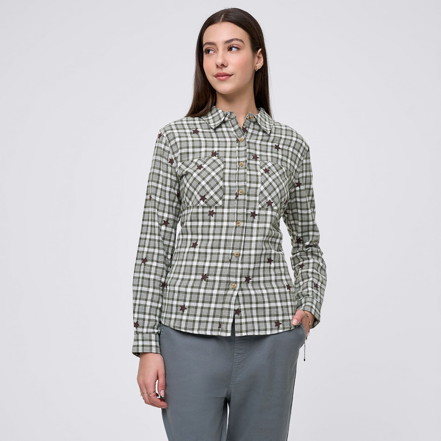 Blusa Mujer Check Amc Manga Larga Verde Salvia S