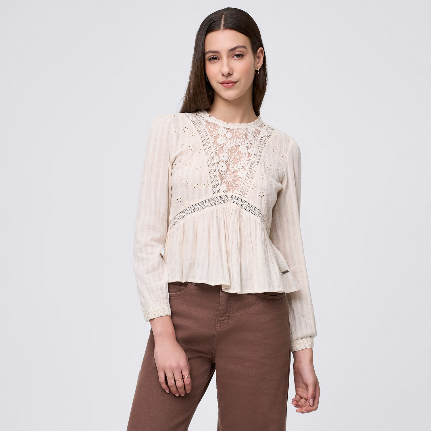 Blusa Mujer Boho Amc Manga Larga Ecru M