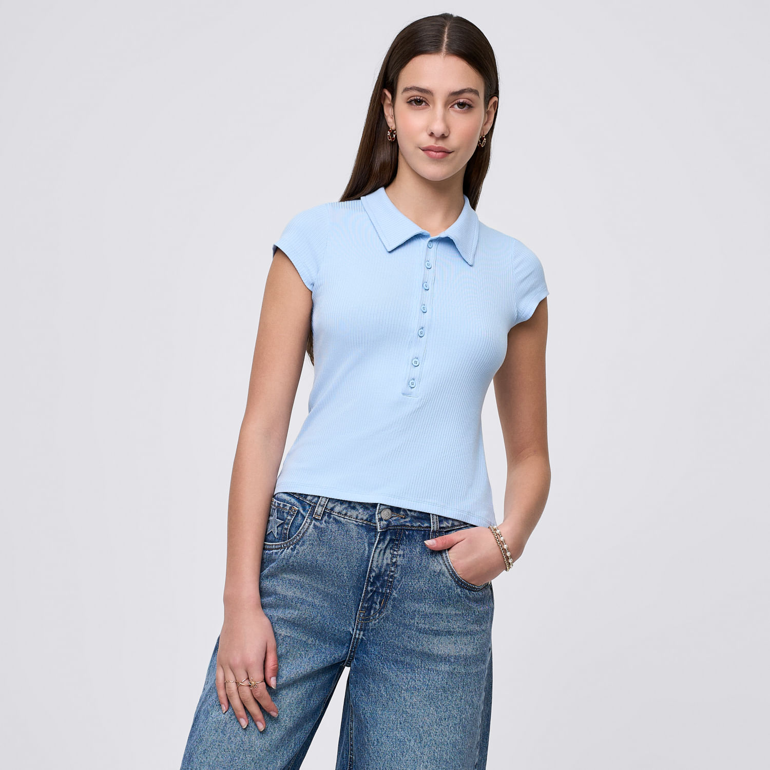 Polo Mujer Cuello Amc Manga Corta Celeste M