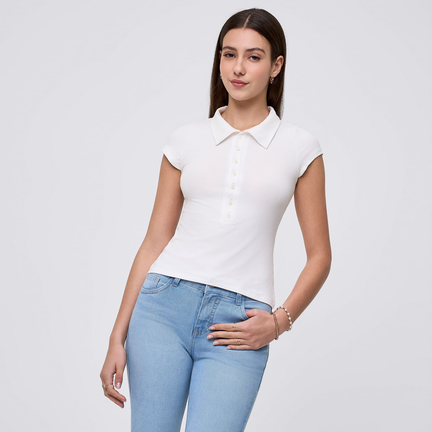 Polo Mujer Cuello Amc Manga Corta Ecru L