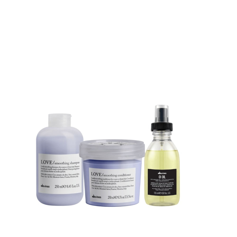 Davines Love Smoothing Pack Anti Frizz Shampoo 250ml + Acondicionador 250ml + Óleo 135ml Davines Love Smoothing Shampoo Anti Frizz Cabello Rebelde 250ml + Acondicionador 250ml + Ól