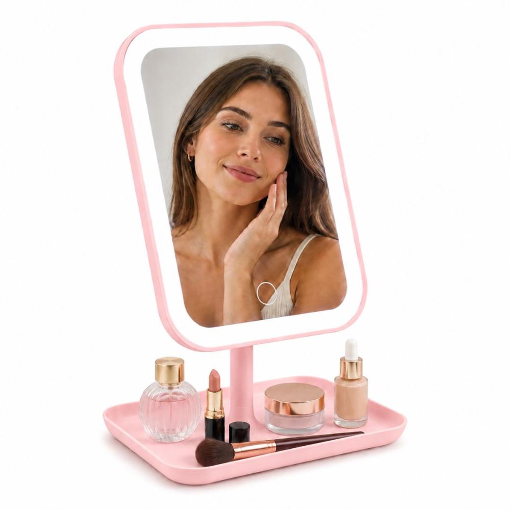 Espejo LED Rosado Recargable 3 Tonos de Iluminación Control Táctil Ángulo Ajustable