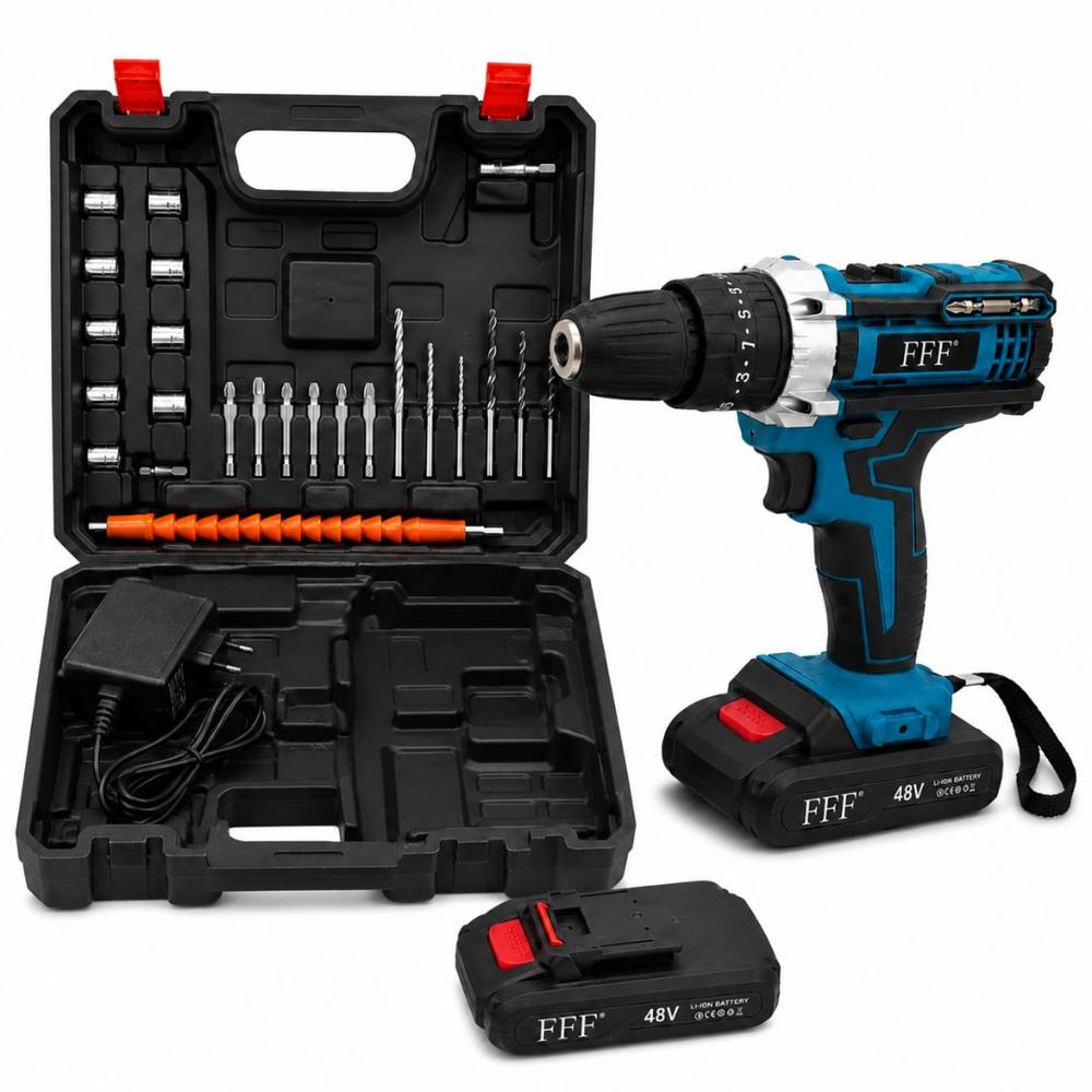 Kit Taladro Eléctrico Azul Inalámbrico con Doble Batería con Maletín y Accesorios