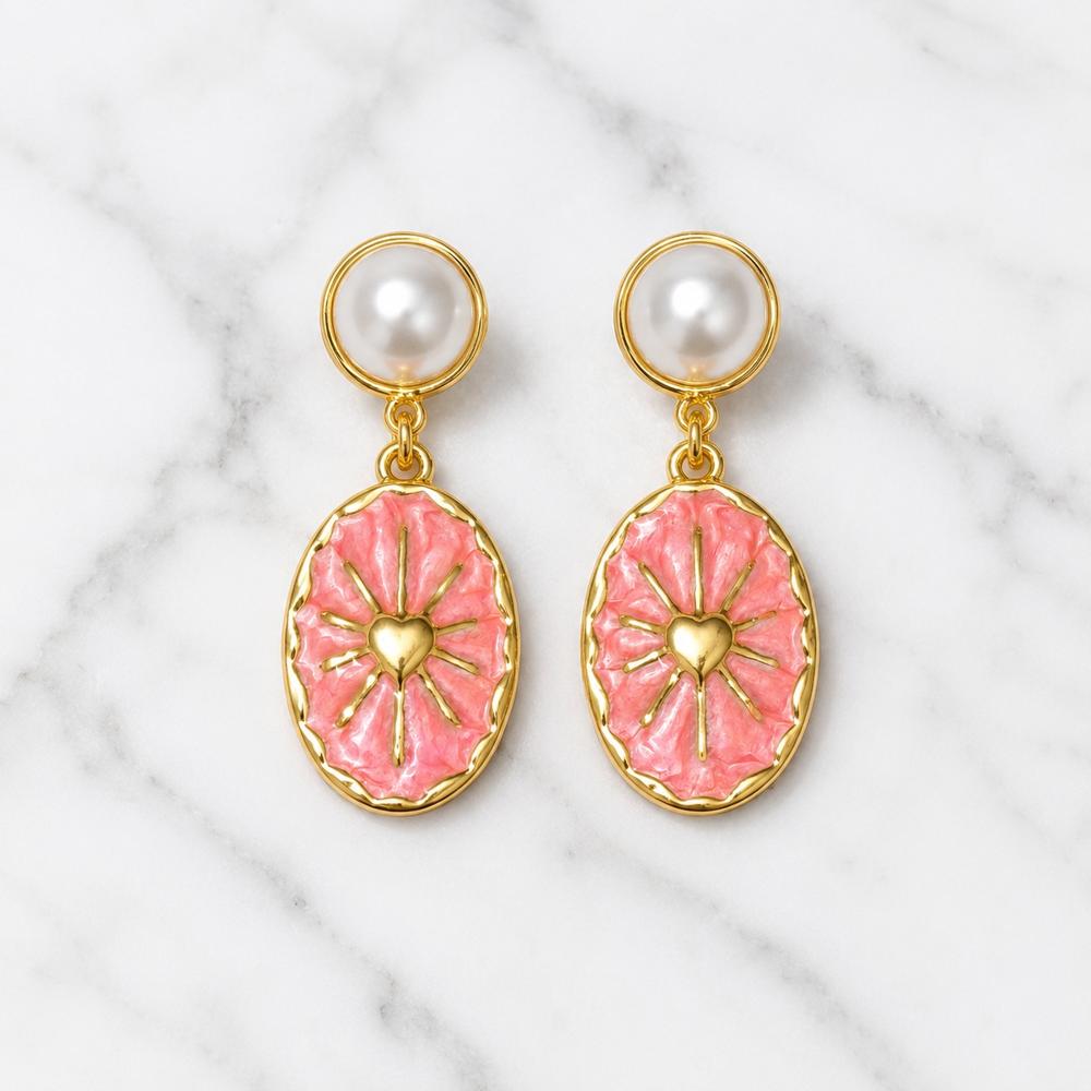 Aretes Dorados para Mujer de Acero Inoxidable Diseño Corazón y Perla Colgantes
