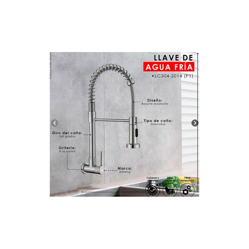 LLAVE DE COCINA RESORTE SATINADO PARED LC304-2014P1 Acero