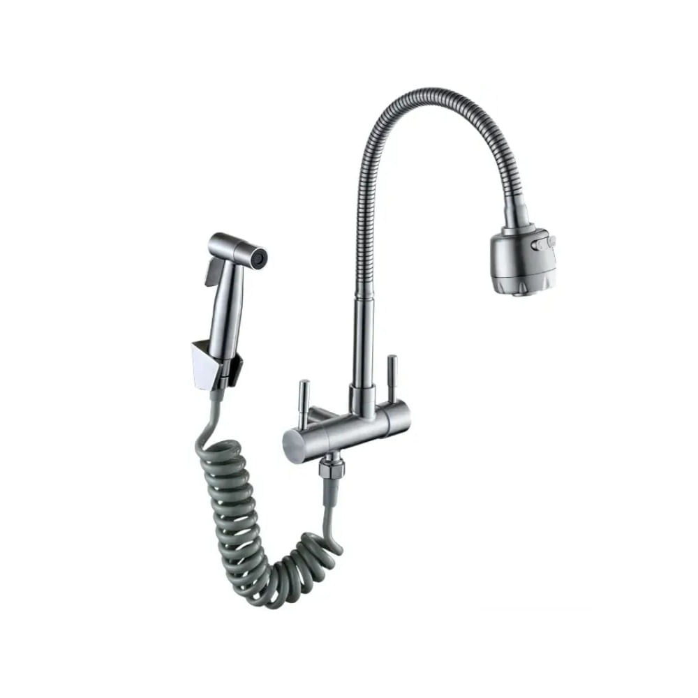 LLAVE DE COCINA FLEXIBLE PARED CON DUCHA BIDET SATINADO Acero