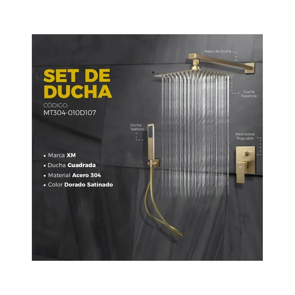 MEZCLADORA PARA DUCHA CUADRADO DORADO ACERO MT304-101D107 Dorado