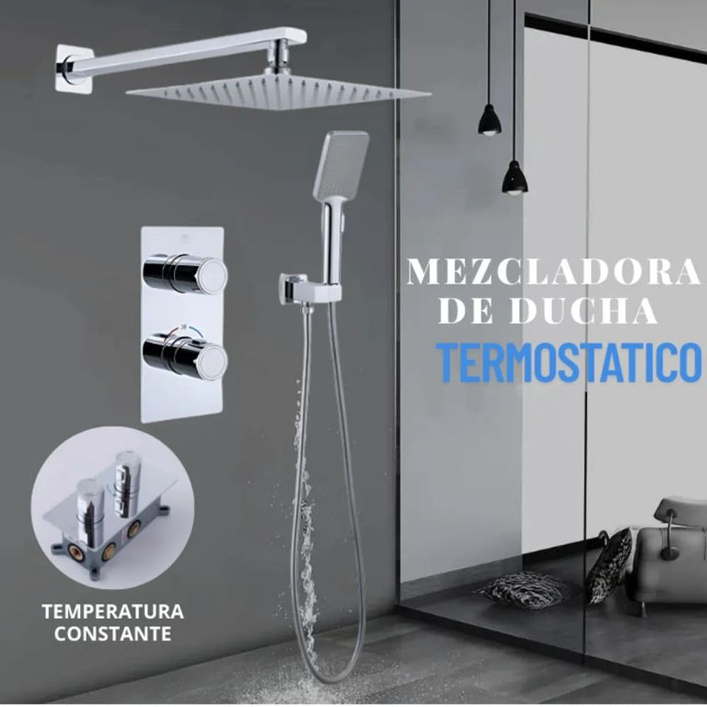 Mezcladora Termostática Empotrada para Ducha Cuadrada Cromada con Cabezal y Teléfono Cromado