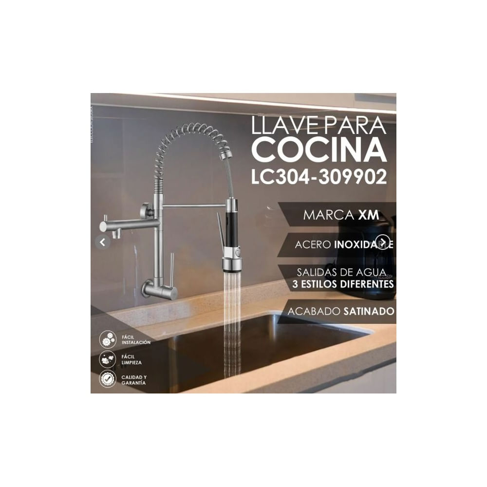 LLAVE DE COCINA DOBLE PICO PARED RETRACTIL SATINAD