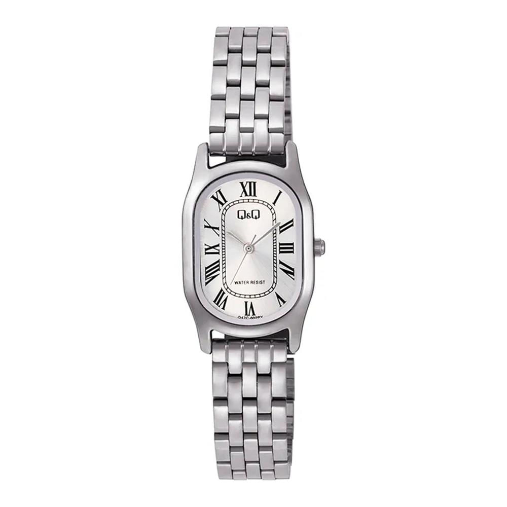 Reloj Mujer QyQ Plateado Clásico con Números Romanos 3 ATM Brazalete Metálico