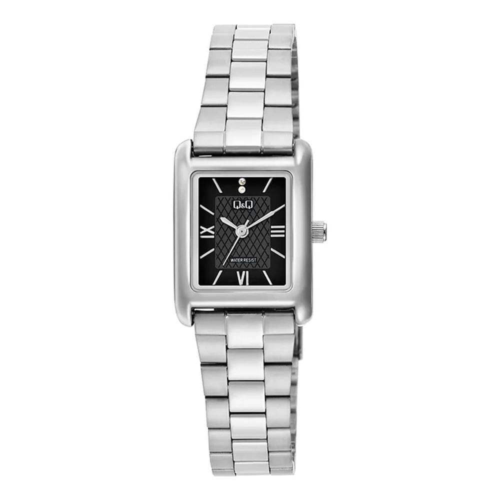 Reloj QyQ Mujer Plateado Rectangular Esfera Negra Brazalete Metálico