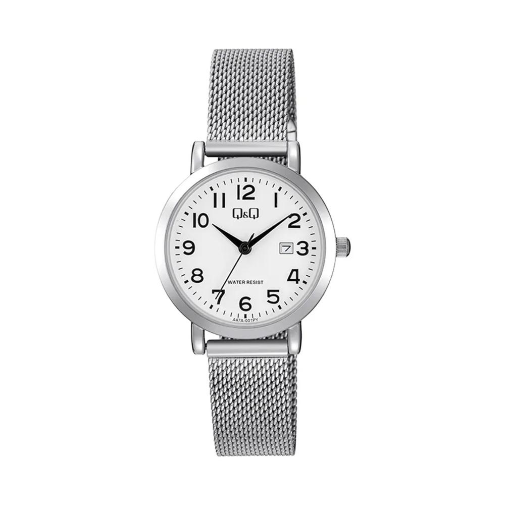 Reloj Mujer QyQ Plateado Malla Milanesa Analógico con Fechero 3 ATM