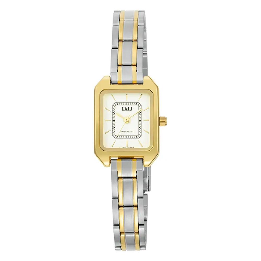 Reloj QyQ Mujer Bicolor Dorado Plateado Rectangular Analógico Brazalete Metálico