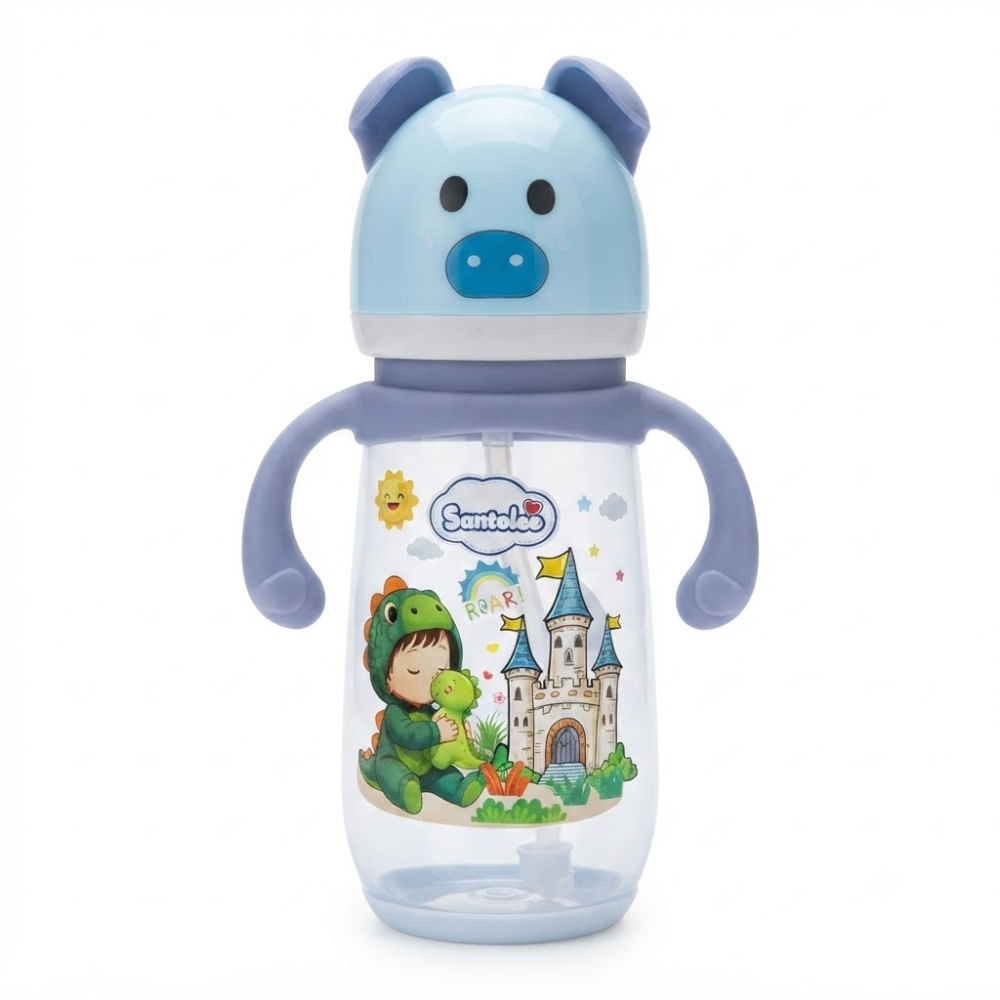 Biberón 2 en 1 de Chanchito Santolee Diseño de Niño Dinosaurio Celeste con Azul de 16 Oz