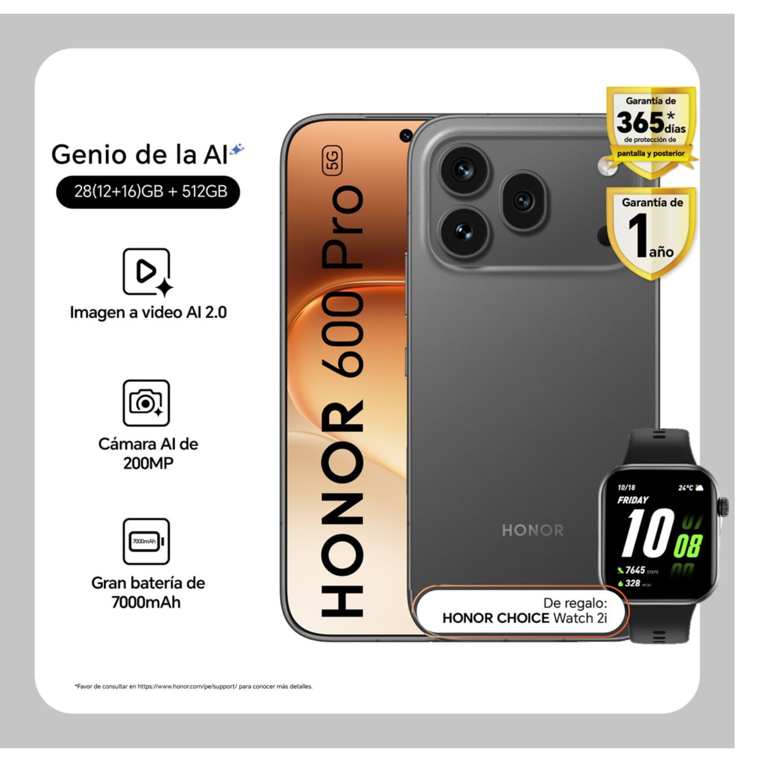 Celular Honor 600 Pro 12GB + 512GB Black + Choice Watch 2i