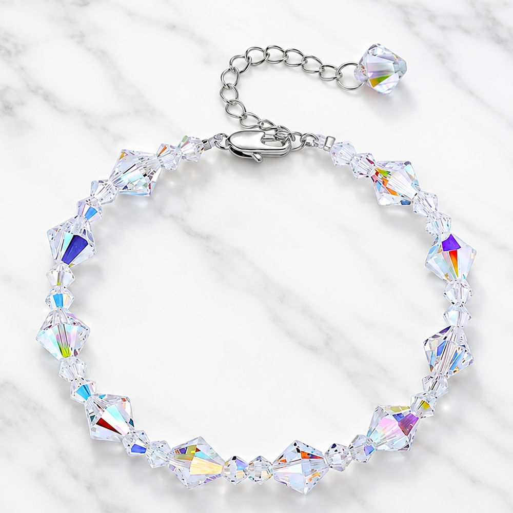 Pulsera de Plata Ajustable  para Mujer con Cristales Bicono 6mm Color Aurora Boreal Tornasol