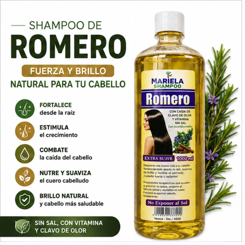 SHAMPOO DE ROMERO 1000 ML FORTALECE ESTIMULA EL CRECIMIENTO Y COMBATE LA CAÍDA DEL CABELLO