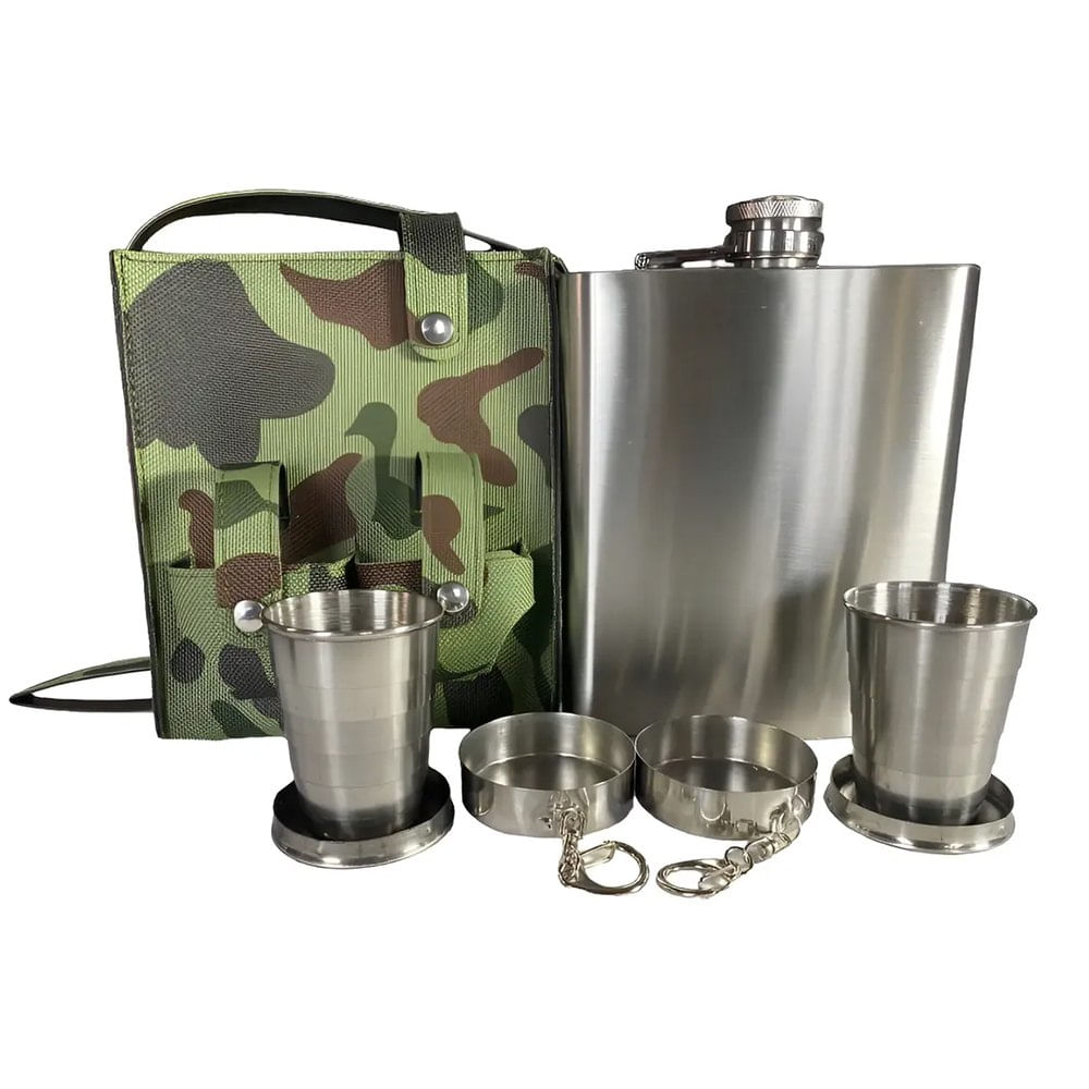 Licorera Petaca de Acero Inoxidable de 18 oz con 2 Vasos Plegables y Funda Camuflada