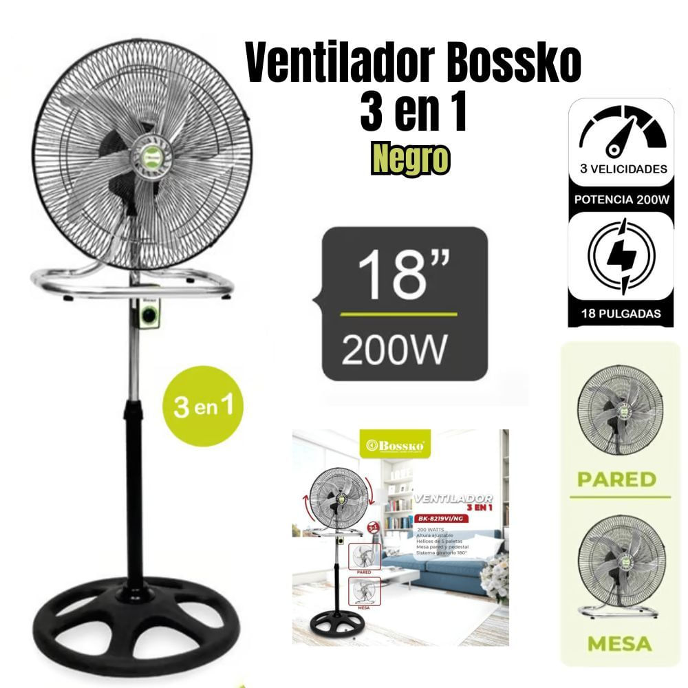 Ventilador De 5 Aspas 3 En 1 De 18 200W Bossko BK-8219VI-NG - NEGRO