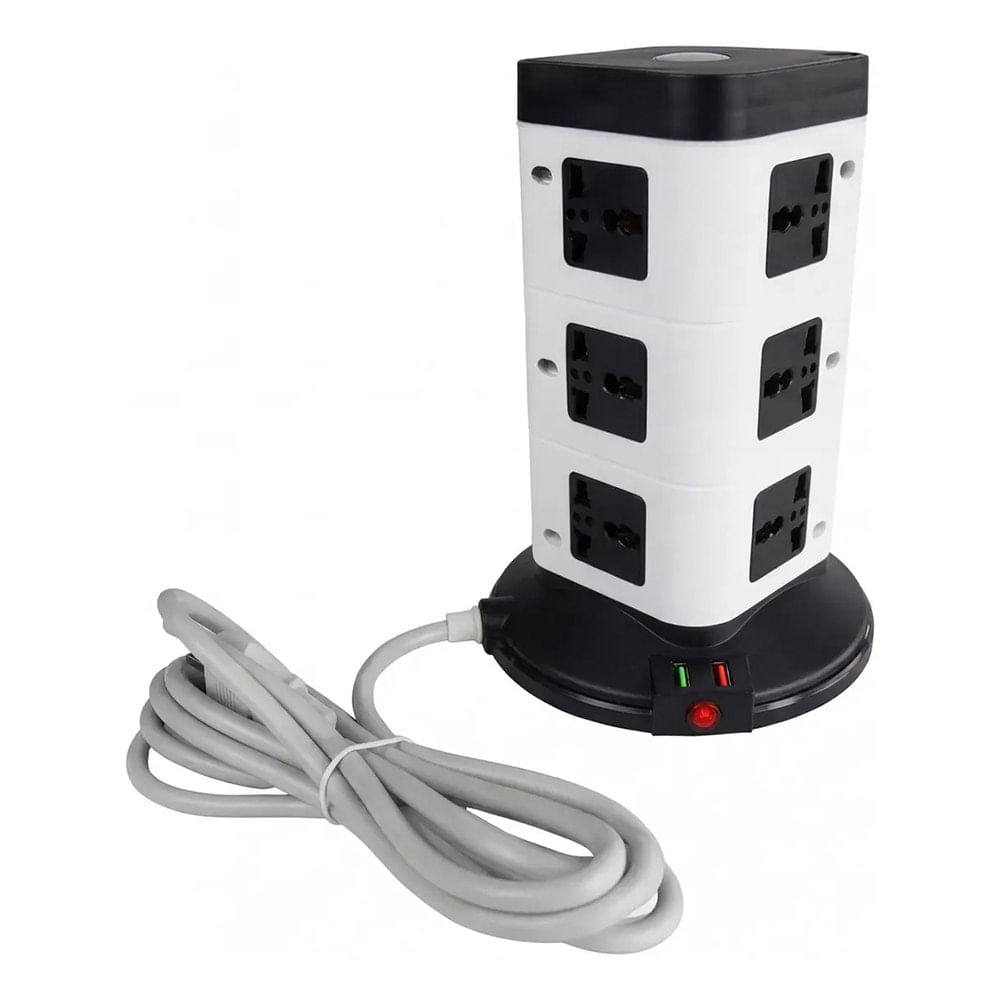 Torre Vertical Extensión Eléctrica Inteligente de 12 Salidas y 3 Puertos USB de 2500W cable 2 M