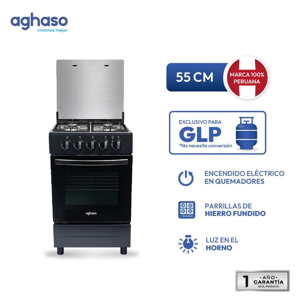 Cocina de Piso Aghaso 4 Hornillas Vital GLP Negra con Horno 62 L y Encendido Eléctrico